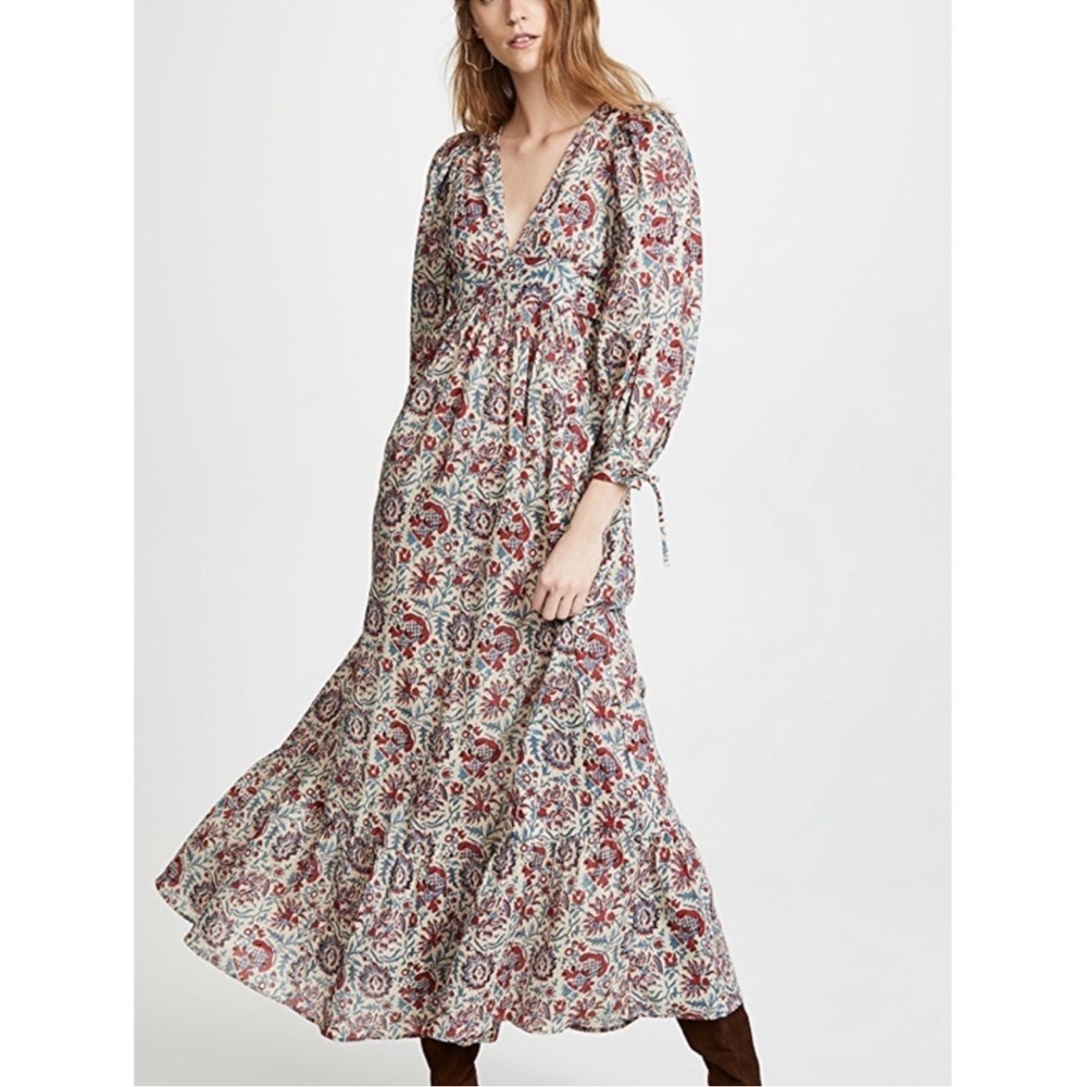 Antik Batik Floral V-Neck Maxi Dress in Ivory, Red and Blue